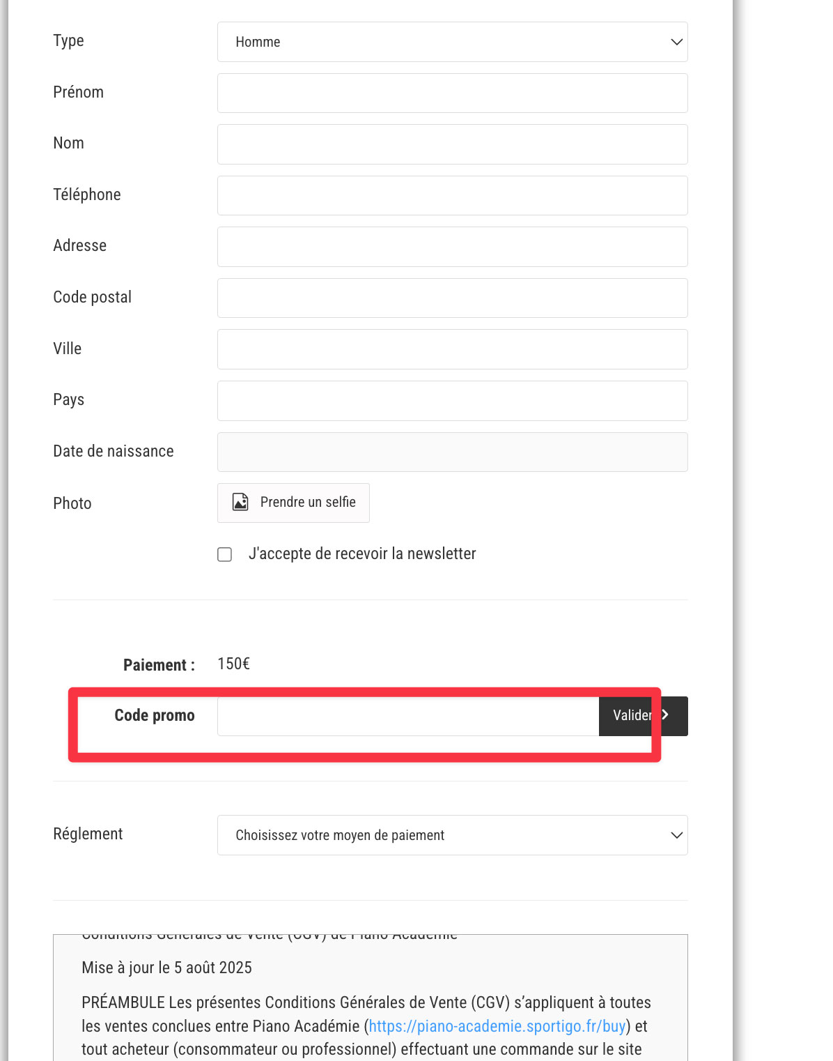 Création de compte - étape 2 : informations personnelles et code promo