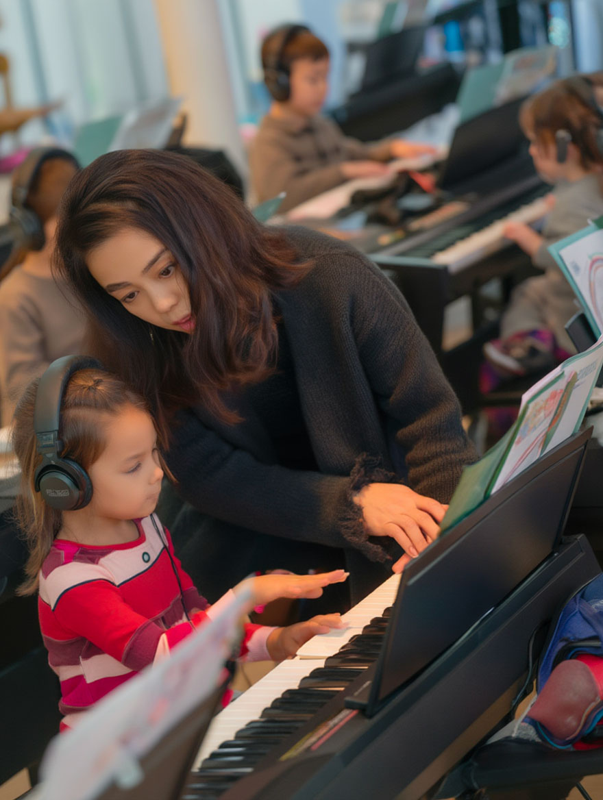 Enfants en cours collectif de piano
