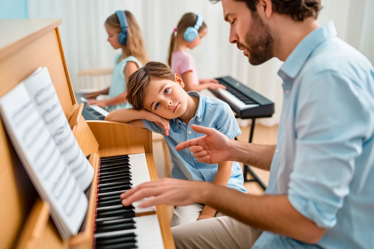 Enfant perdant sa concentration pendant un cours particulier de piano