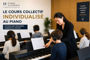 Cours collectif individualisé de piano chez Piano Académie avec professeur accompagnant un enfant au clavier