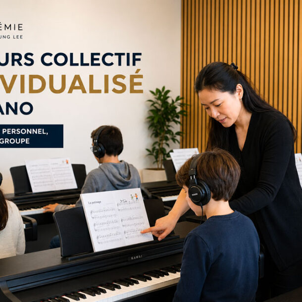 Cours collectif individualisé de piano chez Piano Académie avec professeur accompagnant un enfant au clavier