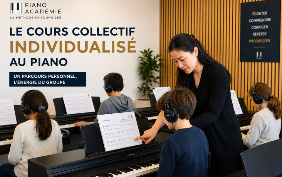 Cours collectif individualisé de piano chez Piano Académie avec professeur accompagnant un enfant au clavier