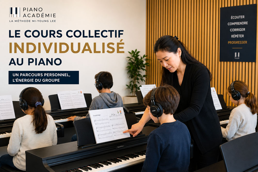 Cours collectif individualisé de piano chez Piano Académie avec professeur accompagnant un enfant au clavier