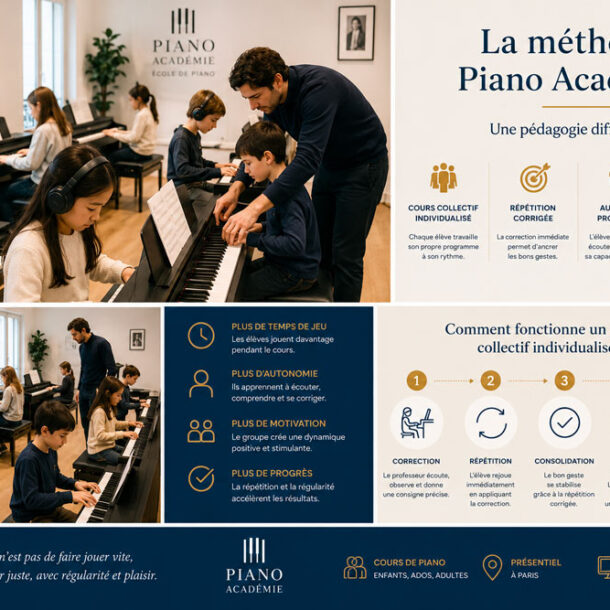 Cours collectif individualisé de piano chez Piano Académie avec professeur corrigeant un enfant pendant que les autres élèves travaillent au clavier