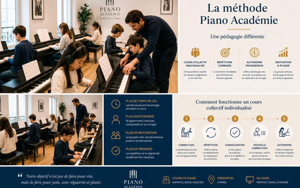 Cours collectif individualisé de piano chez Piano Académie avec professeur corrigeant un enfant pendant que les autres élèves travaillent au clavier