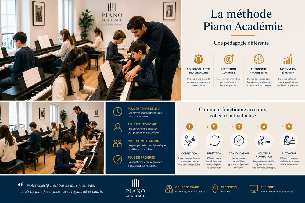 Cours collectif individualisé de piano chez Piano Académie avec professeur corrigeant un enfant pendant que les autres élèves travaillent au clavier