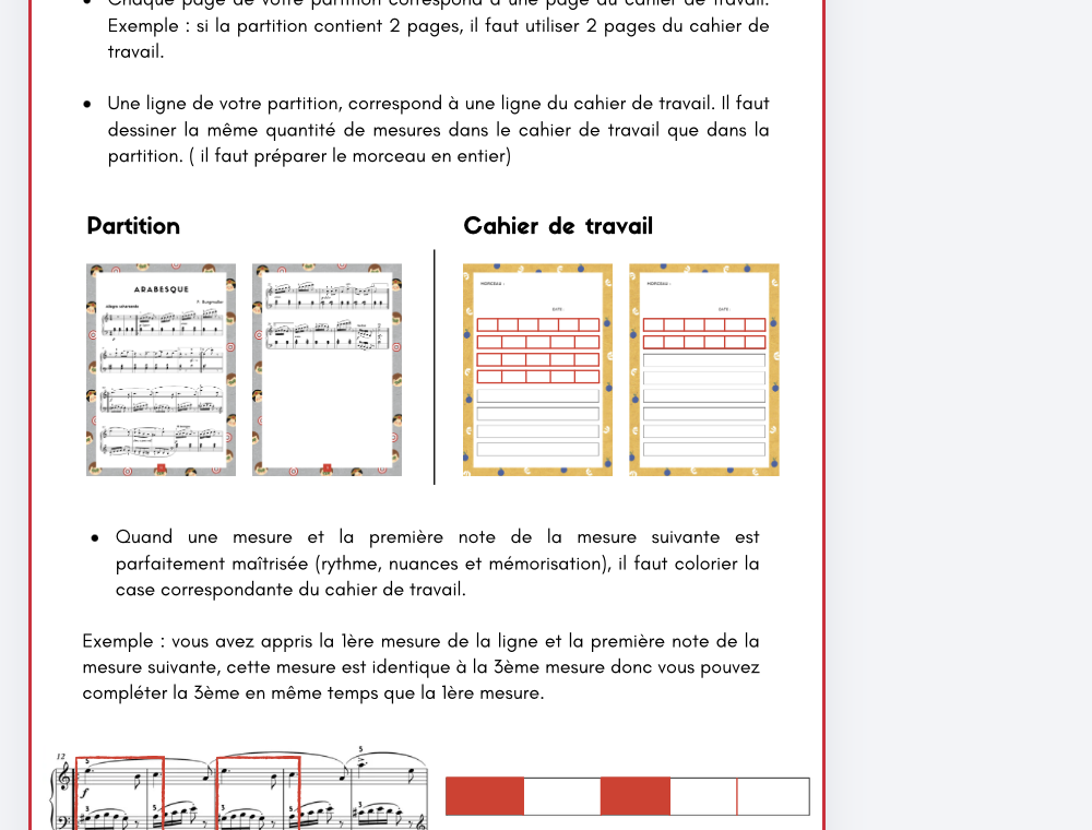 Exemples de partitions de l’école et de pages correspondantes du cahier de travail